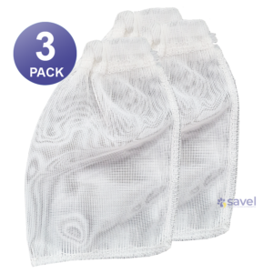 A set of three white mesh bags, identified by the "3 PACK" label in a blue circle, are displayed. They are designed as Filter Bags - Hair Net Catchers for Hydrobath.