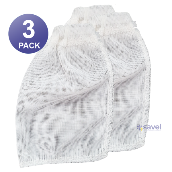 A set of three white mesh bags, identified by the "3 PACK" label in a blue circle, are displayed. They are designed as Filter Bags - Hair Net Catchers for Hydrobath.