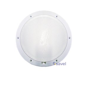 The Lid Holding Tank - Savel Hydrobath is a round, white, ceiling-mounted speaker with a perforated grill, designed for overhead audio installation and secure mounting via multiple screw holes around the edge.