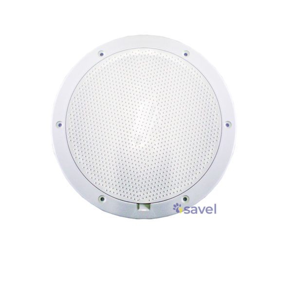 The Lid Holding Tank - Savel Hydrobath is a round, white, ceiling-mounted speaker with a perforated grill, designed for overhead audio installation and secure mounting via multiple screw holes around the edge.