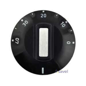 A black dial thermostat ranging from 0 to 40°C suits Savel Hydrobath, featuring white numbers in increments and a central metallic rectangular grip for turning.