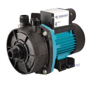 The Savel Hydrobath Pump is a turquoise and black water pump with an electric motor and multiple hose or pipe connections.