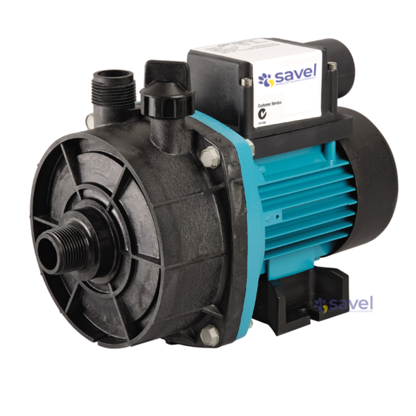 The Savel Hydrobath Pump is a turquoise and black water pump with an electric motor and multiple hose or pipe connections.