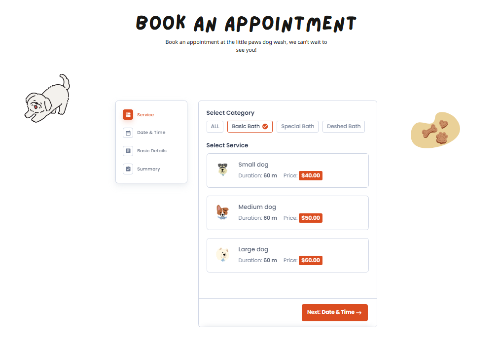 A webpage for booking a dog grooming appointment. It features options to select categories like "Basic Bath" and services based on dog size with prices: Small ($40), Medium ($50), and Large ($60). A "Next: Date & Time" button is visible.