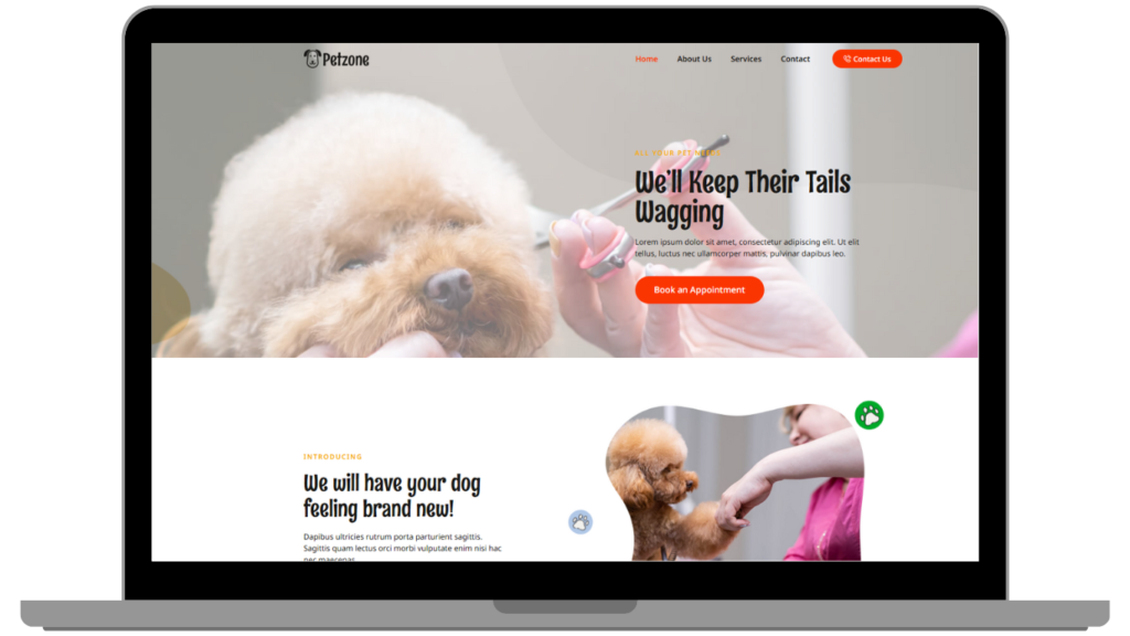 A laptop screen displays a pet grooming website featuring images of a fluffy dog being groomed. The site offers services like appointments with playful slogans.