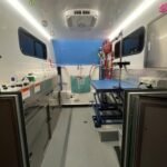 Interior of a mobile pet grooming van featuring a stainless steel washing station, grooming table, and storage cabinets. Walls have hanging decorations, and the lighting is bright and modern.