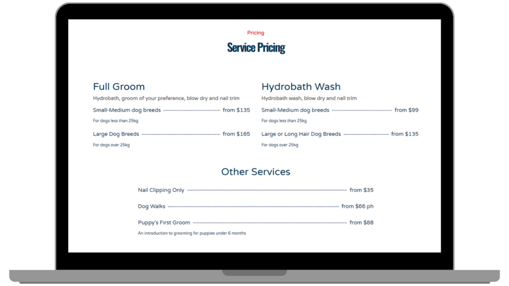 A laptop screen displays a service pricing list for pet grooming. It includes options for full grooming, hydrobath wash, and other services like nail clipping and dog walks. Prices vary by breed size and service type.