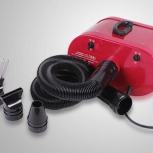 K9 Trailer Rentals The Lazor RX 2300W Twin Motor Dryer—Portable & Wall—is shown in red with a black flexible hose, multiple nozzle attachments, and a power cord on a light gray background.