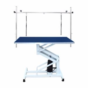 K9 Trailer Rentals The Grooming Table Hydraulic N-201 features a blue non-slip surface, a white metal frame, and an adjustable overhead arm with two black grooming loops for secure pet handling.