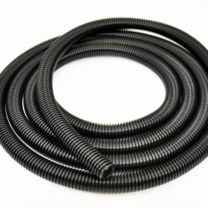K9 Trailer Rentals A 3/4 in. x 10 ft. Clipper Vac® Hose Assembly with a black, ribbed, flexible corrugated design is displayed on a white surface, ideal for various electrical or drainage applications.