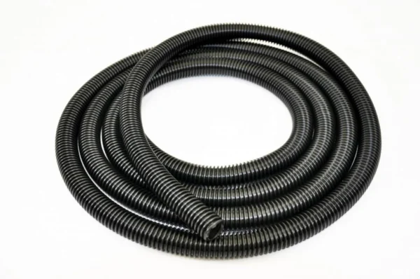 K9 Trailer Rentals A 3/4 in. x 10 ft. Clipper Vac® Hose Assembly with a black, ribbed, flexible corrugated design is displayed on a white surface, ideal for various electrical or drainage applications.