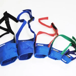 K9 Trailer Rentals Four Quick Muzzle for Dogs in blue fabric, each a different size, are lined up on a white background with adjustable straps in black, red, green, and blue.