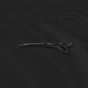 K9 Trailer Rentals The 7″ Black 440C Steel K9 Curve Scissor rests on a dark, softly matte wavy surface, highlighting its sleek curved black design.