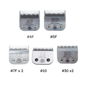 K9 Trailer Rentals Five Import placeholder for 988953 clipper blades are arranged in two rows on a white background. Each blade is labeled 4F, 5F, two 7Fs, a 10, and two 30s with their numbers printed below.