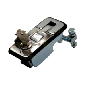 K9 Trailer Rentals A close-up of a Cupboard Lock for Savel Trailer, featuring a chrome cam lock latch with an integrated key inserted, mounted on a black base and a bolt attached on one side, isolated on white background.