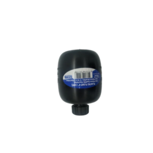 K9 Trailer Rentals A black plastic bottle with a screw cap, seen from above with the label for "Float Ball for Savel Hydrobath" facing sideways. The label features blue and white text plus a barcode, set against a plain white background.