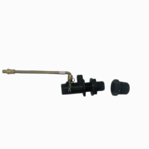 K9 Trailer Rentals A Cupboard Lock for Savel Trailer (Copy) is shown disassembled, featuring a long metal arm, black plastic housing, and a separate threaded cap, all displayed on a white background.