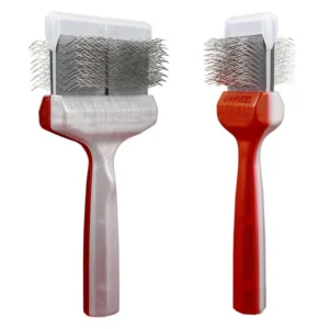 K9 Trailer Rentals Two ActiVet UnderCoater red and white pet grooming brushes with fine metal bristles and translucent handles are shown, one facing forward and the other in profile against a white background.