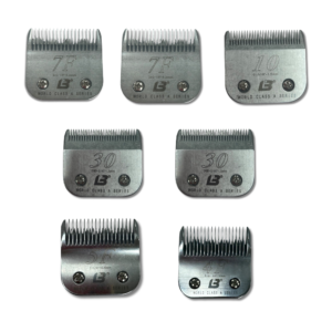 K9 Trailer Rentals Introducing the Starter Blade Bundle: a set of seven metal clipper blades, neatly arranged in two rows on a white background. Each blade is marked with a distinct size and the GB brand, perfect for grooming or hair cutting tasks.