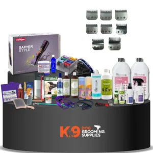 K9 Trailer Rentals A table labeled "Import placeholder for 988689" displays assorted dog grooming supplies such as clippers, blades, shampoos, sprays, brushes, combs, scissors, leashes, and cleaning products.