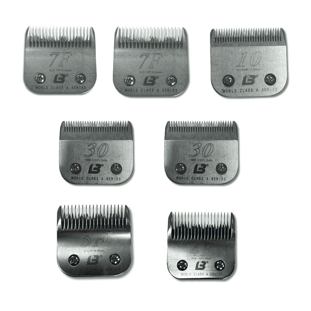 K9 Trailer Rentals Introducing the Starter Blade Bundle: a set of seven metal clipper blades, neatly arranged in two rows on a white background. Each blade is marked with a distinct size and the GB brand, perfect for grooming or hair cutting tasks.